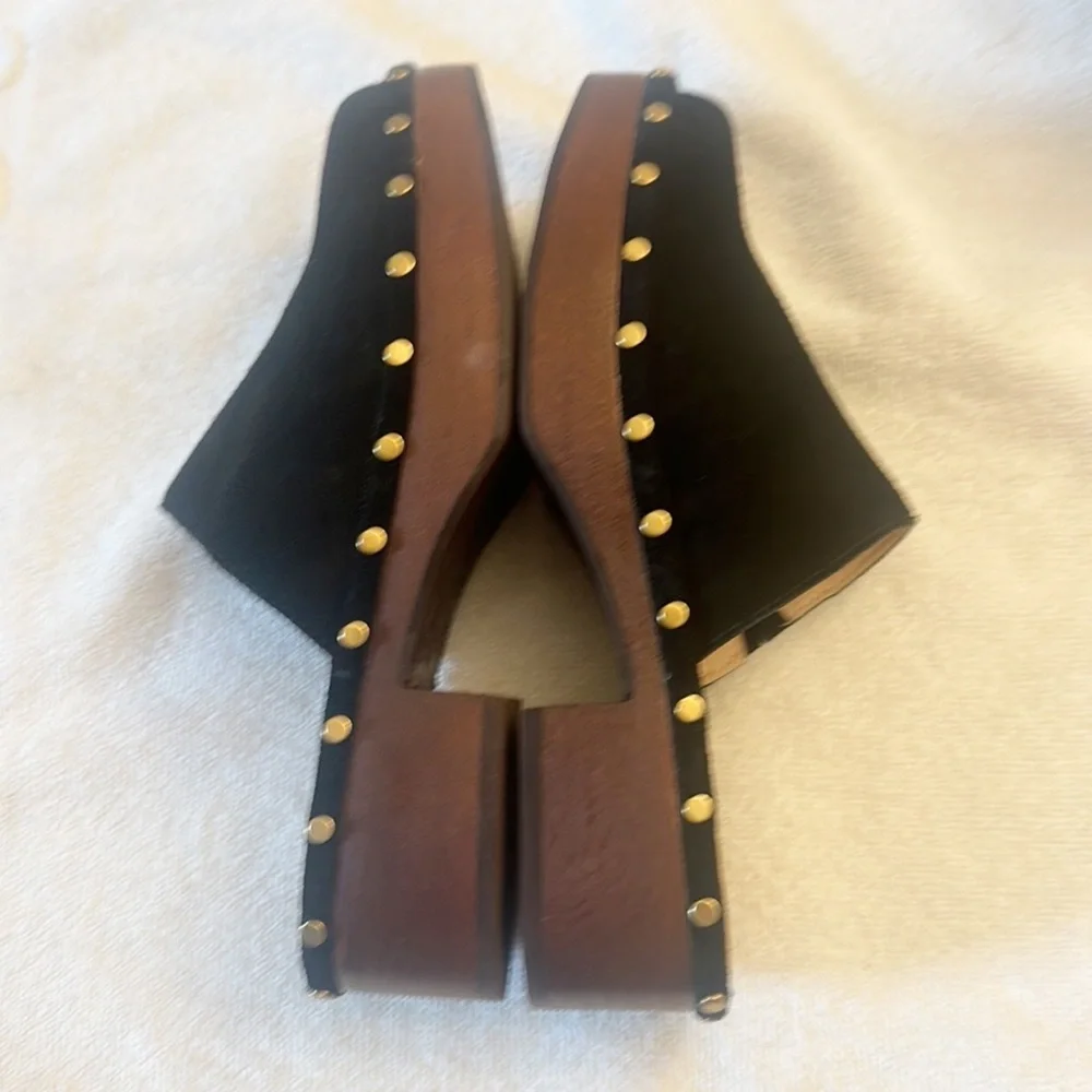 J.Crew Dakota Black Suede Gold mules clogs shoes women size 5